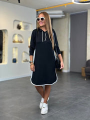 Kadın Uzun Kollu Kapüşon Ve Ribana Detay Diz üstü Elbise