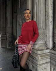 Kadın Uzun Kollu Bisiklet Yaka Kol Ağzı Ve Etek Ucu Baskılı Iki Iplik Elbise