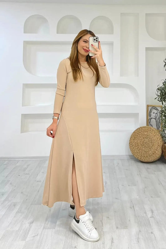 Kadın Uzun Kollu Bisiklet Yaka Size Kadar Yırtmaç Detay Maxi Boy Elbise