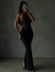 Kitap Okuyalım Mı Kitap Getir Kadın Halter Yaka Fantel Transparan Ve Sırt Dekoltesi Detay Maxi Boy Elbise