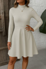 Kadın Uzun Kollu Balıkçı Yaka üst Kaşkorse Alt Deri Detaylı Mini Elbise