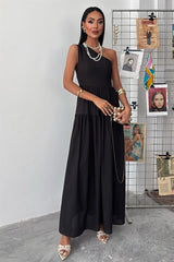 Tek Omuzlu Pile Detay Maxi Elbise 2895