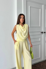 DEGAJE YAKA KOLSUZ BLUZ - PANTOLON TAKIM - Bej