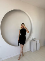 Kadın Kısa Kap Kollu Bisiklet Yaka Belden Bağlamalı Modal Mini Elbise