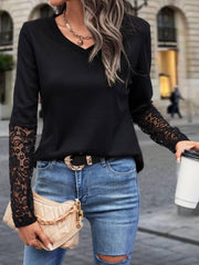 Kadın Uzun Kollu V Yakalı Dantelli Waffle Bluz