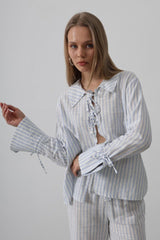 Çzgili Bağlamalı Pantolon Takım - Mavi