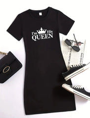 Kadın Kısa Kollu Queen Baskı Iki Iplik Mini Elbise