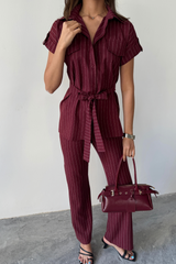 ÇİZGİLİ POLYVİSKON BLUZ - PANTOLON TAKIM - Bordo