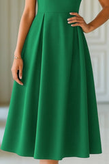 Kadın Kısa Kollu Yarı Balıkçı Yaka Pileli Janjan Krep Midi Elbise