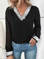 Kadın Uzun Kollu V Pulpayet Yakalı Ithal Krep Bluz