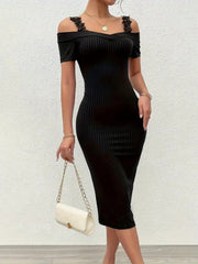 Kadın Omuzlardan Açık Dantel Askılı Fitilli Kaşkorse Midi Elbise