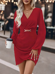 Kadın Uzun Kollu Kruvaze Yaka Yandan Büzgülü Asimetrik Detaylı Ithal Krep Mini Elbise