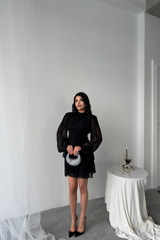 ŞİFON KATLI UZUN KOL ELBİSE - Pudra