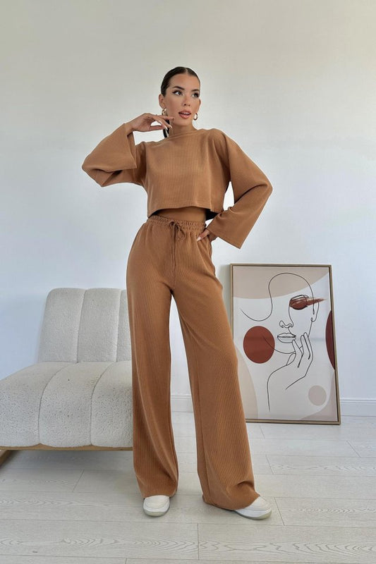 Camel Fitilli Bluz Ve Pantolon Takım