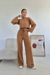 Camel Fitilli Bluz Ve Pantolon Takım