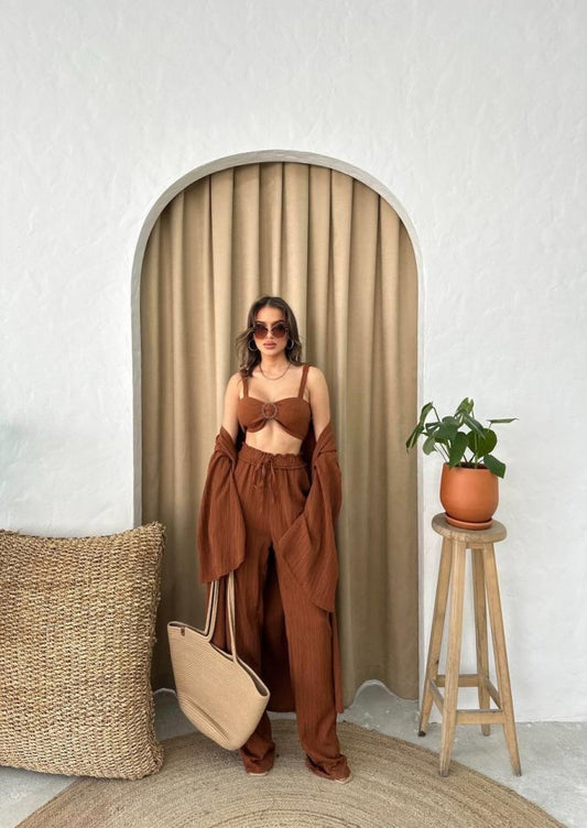 KRINKILL BÜSTİYER-PANTOLON-KİMONO TAKIM - Kahverengi