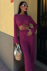 Göğüs Bağcık Detaylı Ajurlu Bluz Pantolon Takım 10098