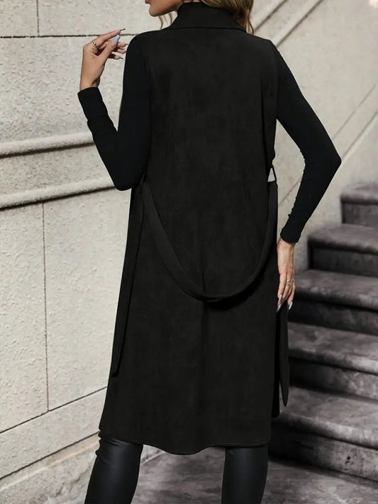 Kadın Kolsuz Yakalı önü Açık Belden Kuşaklı Süet Midi Yelek