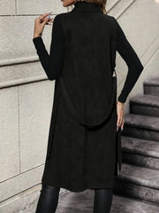 Kadın Kolsuz Yakalı önü Açık Belden Kuşaklı Süet Midi Yelek