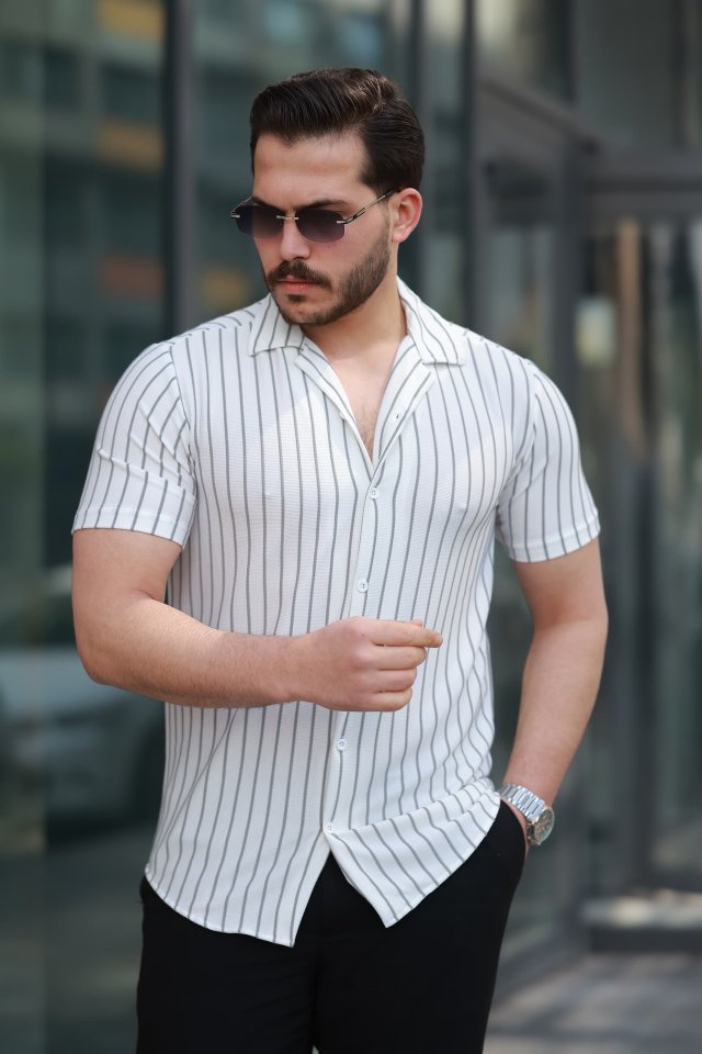 Erkek Kısa Kollu Beyaz çizgi Desenli örme Kumaş Pamuklu Gömlek