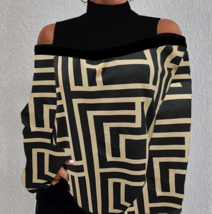 0Kadın Uzun Kollu Balıkçı Yaka Omuz Pencereli Labirent Dijital Baskılı şardonlu Dalgıçsalaş Bluz