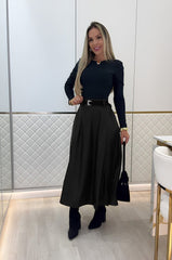 Kadın Yüksek Belli Maxi Deri Kemersiz Etek