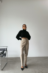 DERİ PANTOLON DİZ PARÇALI - Taş