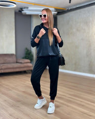 Kadın Uzun Kollu Kapşonlu Viskon Iki Iplik Bluz Ve Pantolon Ikili Takım