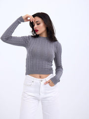 42491 TRİKO SAÇ ÖRGÜ CROP KAZAK-VİZON