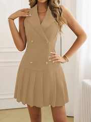 Kadın Sıfır Kol Yakalı önden Düğmeli Pileli Ithal Krep Mini Elbise