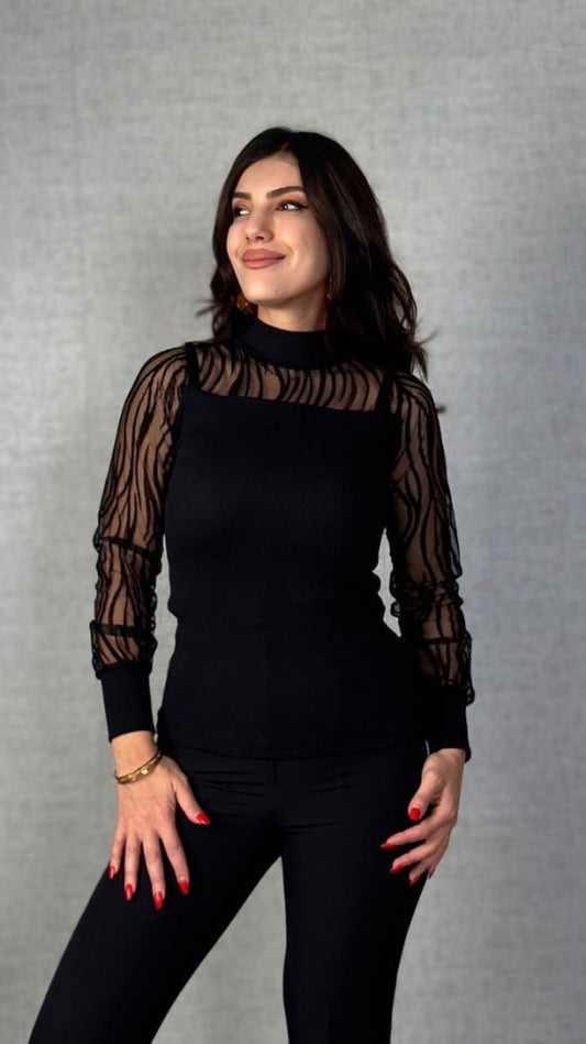 Kadın Uzun Kollu Bisiklet Yaka Kolları Tül Detay Kaşkorse Kumaş Bluz