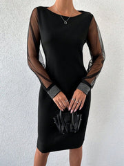 Kadın Uzun Kollu Bisiklet Yaka Kollar Tül Manşet Taş Işlemeli Krep Elbise