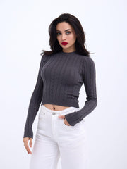 42491 TRİKO SAÇ ÖRGÜ CROP KAZAK-VİZON