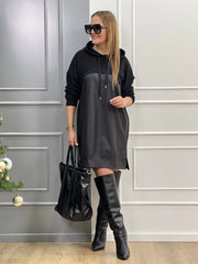 Kadın Uzun Kollu Kapüşon Ve Deri Detay Diz üstü Elbise
