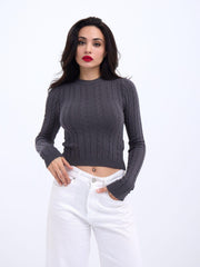 42491 TRİKO SAÇ ÖRGÜ CROP KAZAK-VİZON