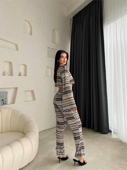 FİLE DANTEL BLUZ - YIRTMAÇLI PANTOLON TAKIM - Bej