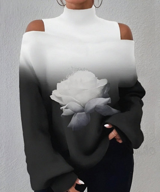 Kadın Uzun Kollu Balıkçı Yaka Omuz Pencereli Gül Dijital Baskılı şardonlu Dalgıç Salaş Bluz