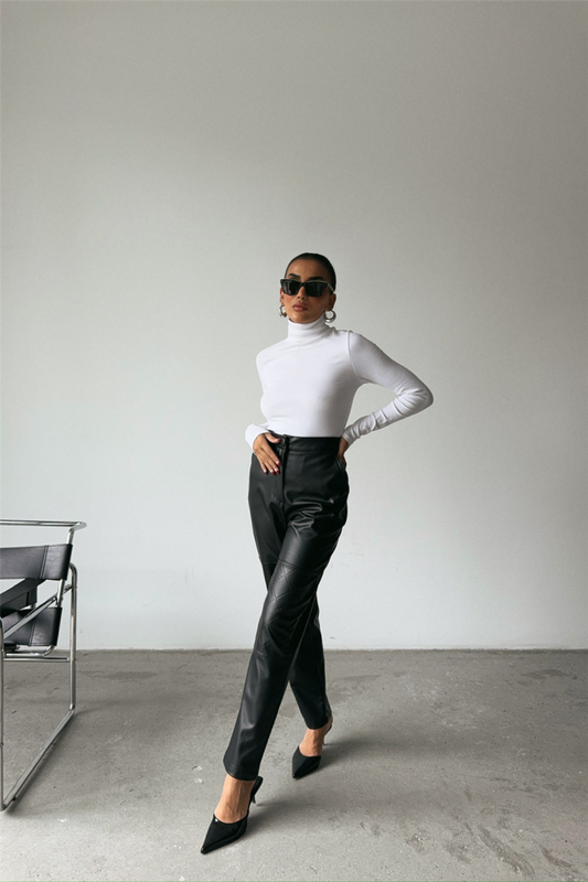 DERİ PANTOLON DİZ PARÇALI - Siyah