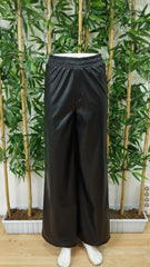 Kadın Yüksek Bel Beli Lastikli Geniş Paçalı Deri Pantolon