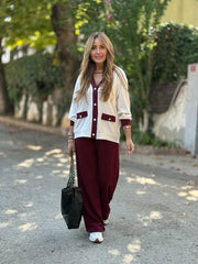 Kadın Uzun Kollu Ribanali Cep Detay Hırka Ve Bol Paça Pantolon Ikili Takım