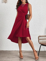 Kadın Sıfır Kollu Bisiklet Yaka Büzgülü Asimetrik Kesim Detaylı Janjan Krep Elbise