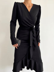 Krep Kumaş Midi Boy Kuşaklı Uzunkol Elbise 113 Cm