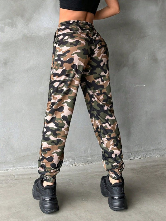 Kadın Yüksek Bel Kamuflaj Baskılı Bileği Lastik Detay İki İplik Pantolon