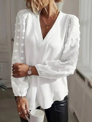 Kadın Uzun Kollu V Yakalı Kolları Popon Detaylı Sandy Bluz