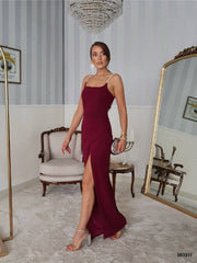 Kadın Omuz Askılı Derin Yırtmaç Detay Maxi Boy Elbise