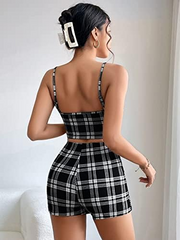 Kadın Ekose Desen Crop şort Etek Takım
