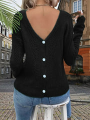 Kadın Uzun Kollu V Yakalı Arkası Düğmeli Triko Bluz