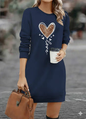 Kadın Uzun Kollu Bisiklet Yaka Kalp Desenli Kısa Viskon Elbise