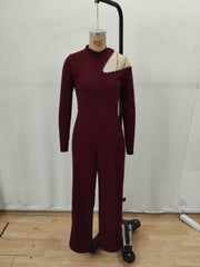 Kadın Tek Omuzdan Açık Balıkçı Yaka Taş Detaylı Uzun Ithal Krep Tulum