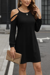 Kadın Uzun Kollu Omuz Açık Askı Detay Viskon Mini Boy Elbise